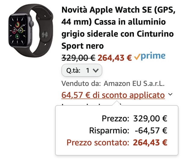 Apple Watch SE 44 mm a €264 invece di €339 : SPIDER-MAC