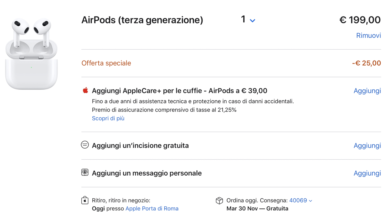 Su Apple Store gli AirPods terza generazione con incisione costano €174  invece di €199 : SPIDER-MAC